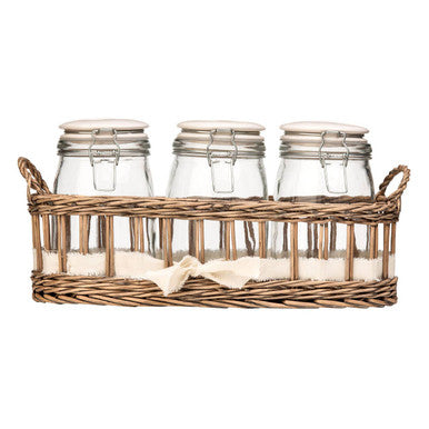 Orsina Country Cottage Glass Jars with Willow Basket - Set of 3