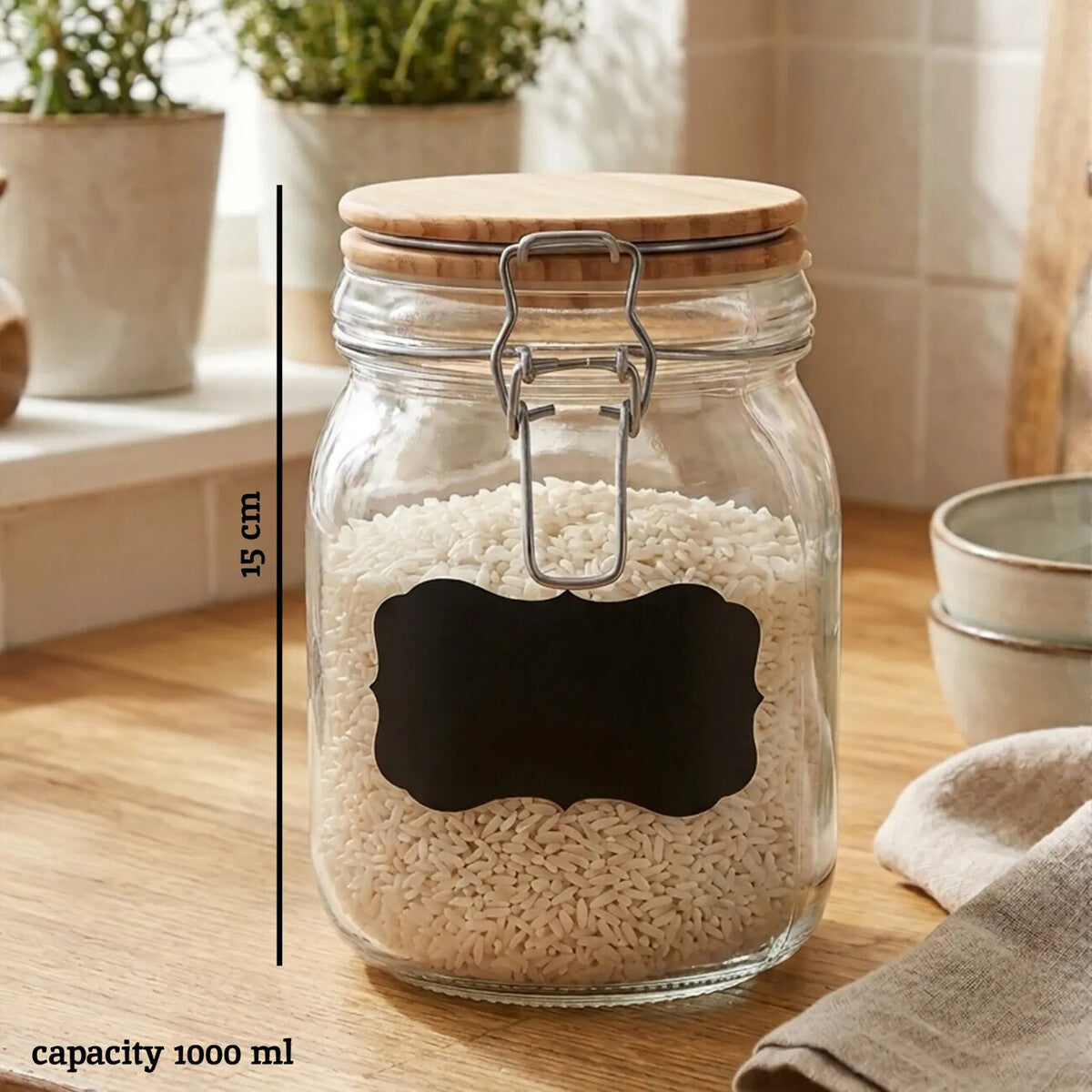 Orsina Grocer 1000ml Glass Storage Jar with Pine Wood Lid & Label