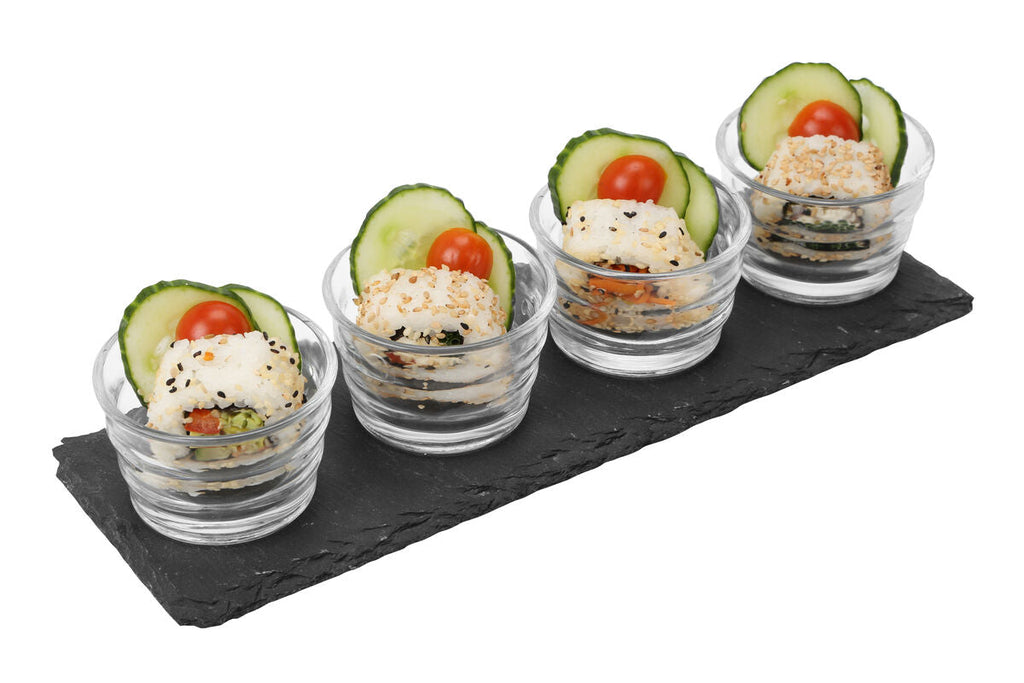 Orsina Ribbed Glass Bowls and Slate Tray Set – 4 Piece Serving Set