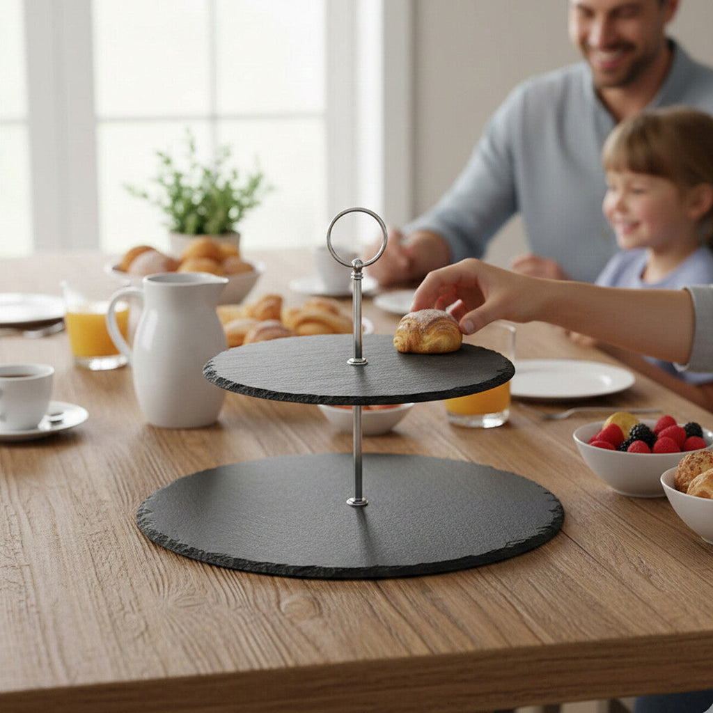 Orsina Slate 2-Tier Round Cake Stand – Rustic Grey Dessert Display