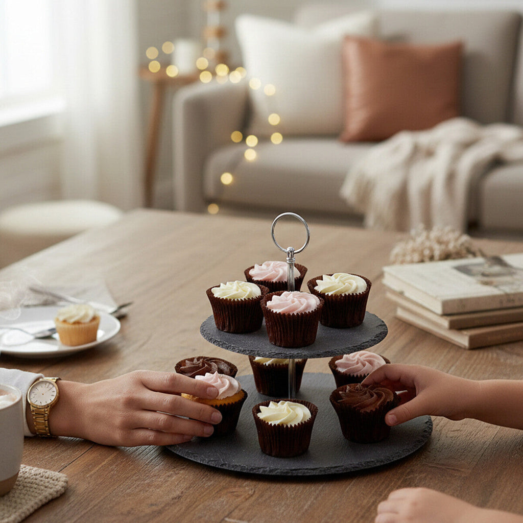 Orsina Slate 2-Tier Round Cake Stand – Rustic Grey Dessert Display
