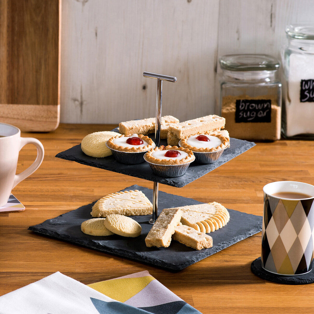 Orsina Slate 2-Tier Square Cake Stand – Grey Stone Dessert Display