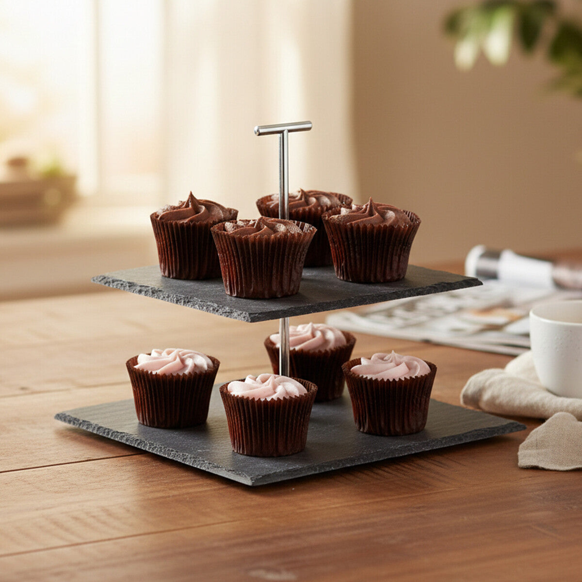 Orsina Slate 2-Tier Square Cake Stand – Grey Stone Dessert Display