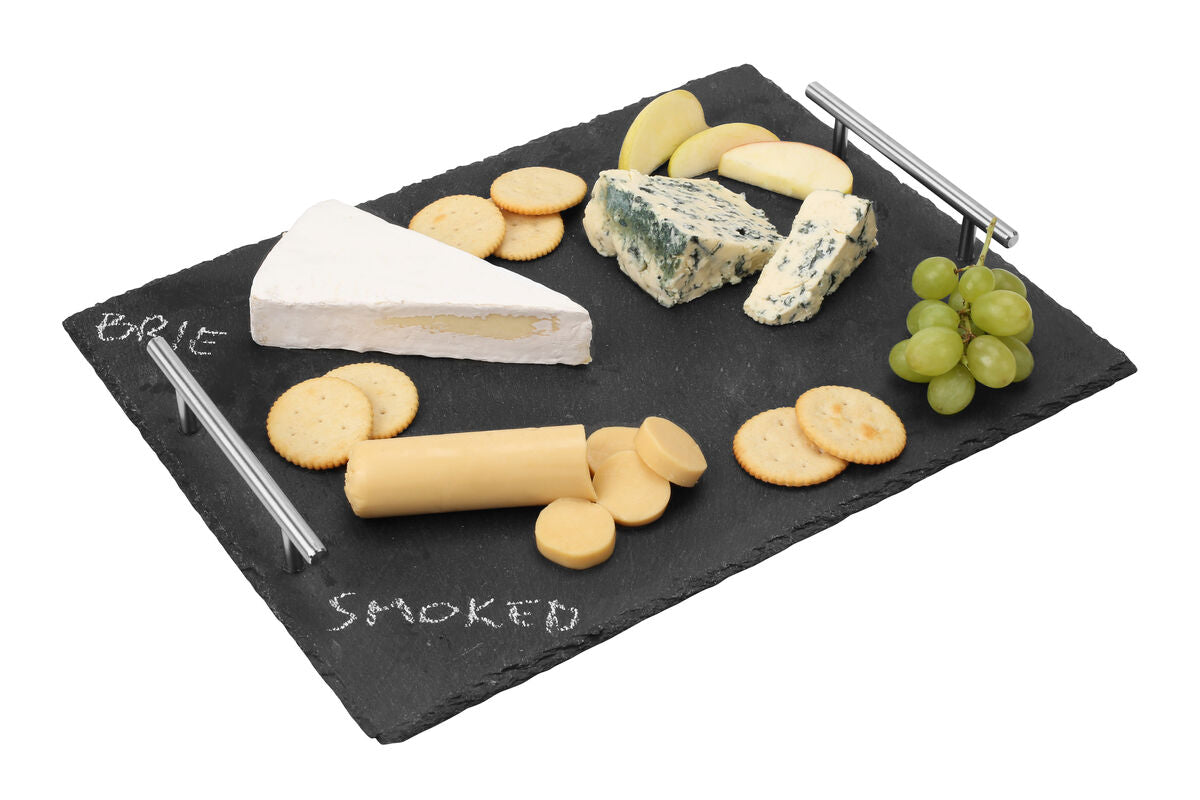 Orsina Large Slate Serving Tray with Stainless Steel Handles | Grey