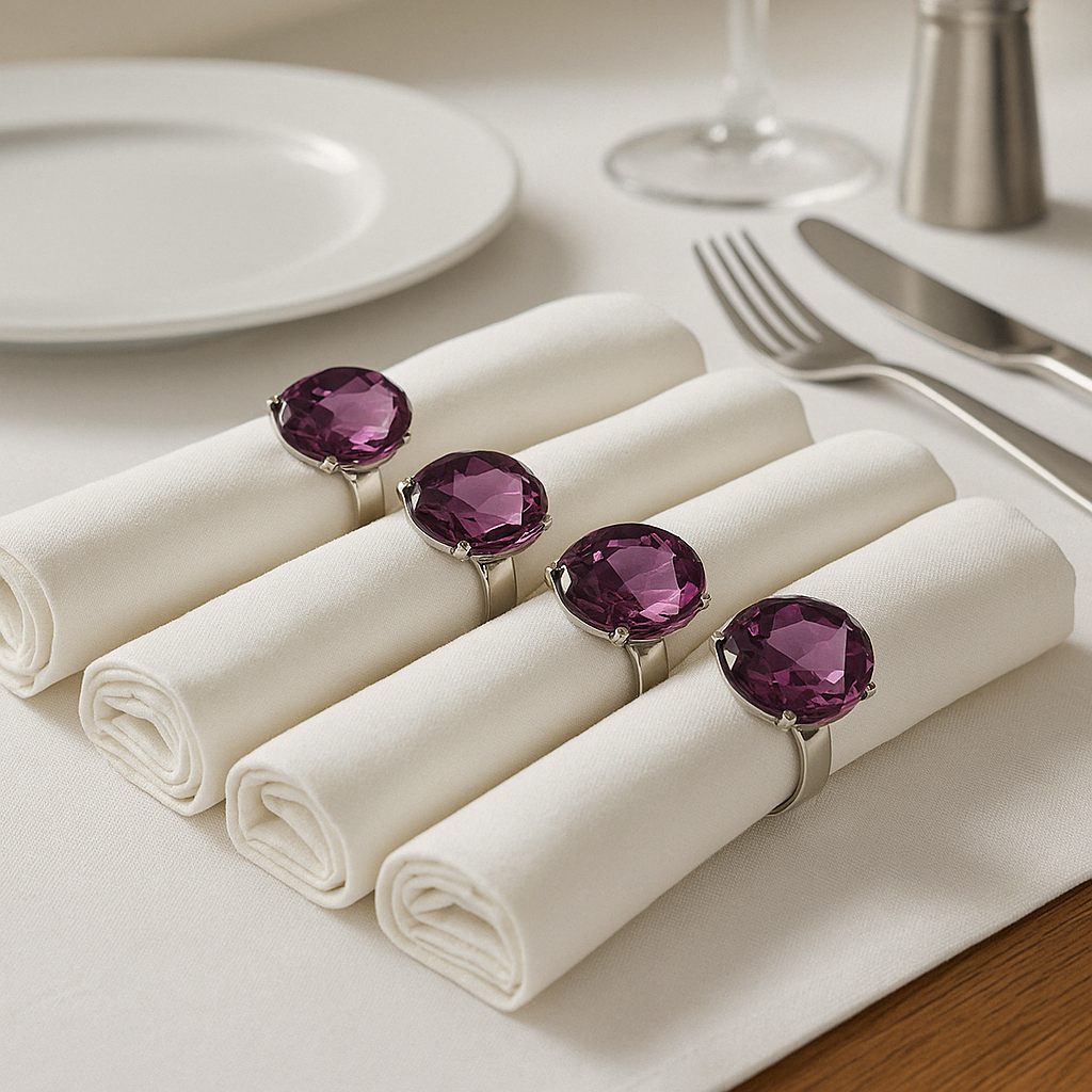 Orsina Purple Diamante Napkin Rings – Set of 4 Polished Metal Rings