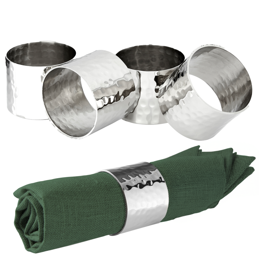 Orsina Silver Napkin Rings – Set of 4 Hammered Metal Table Decor