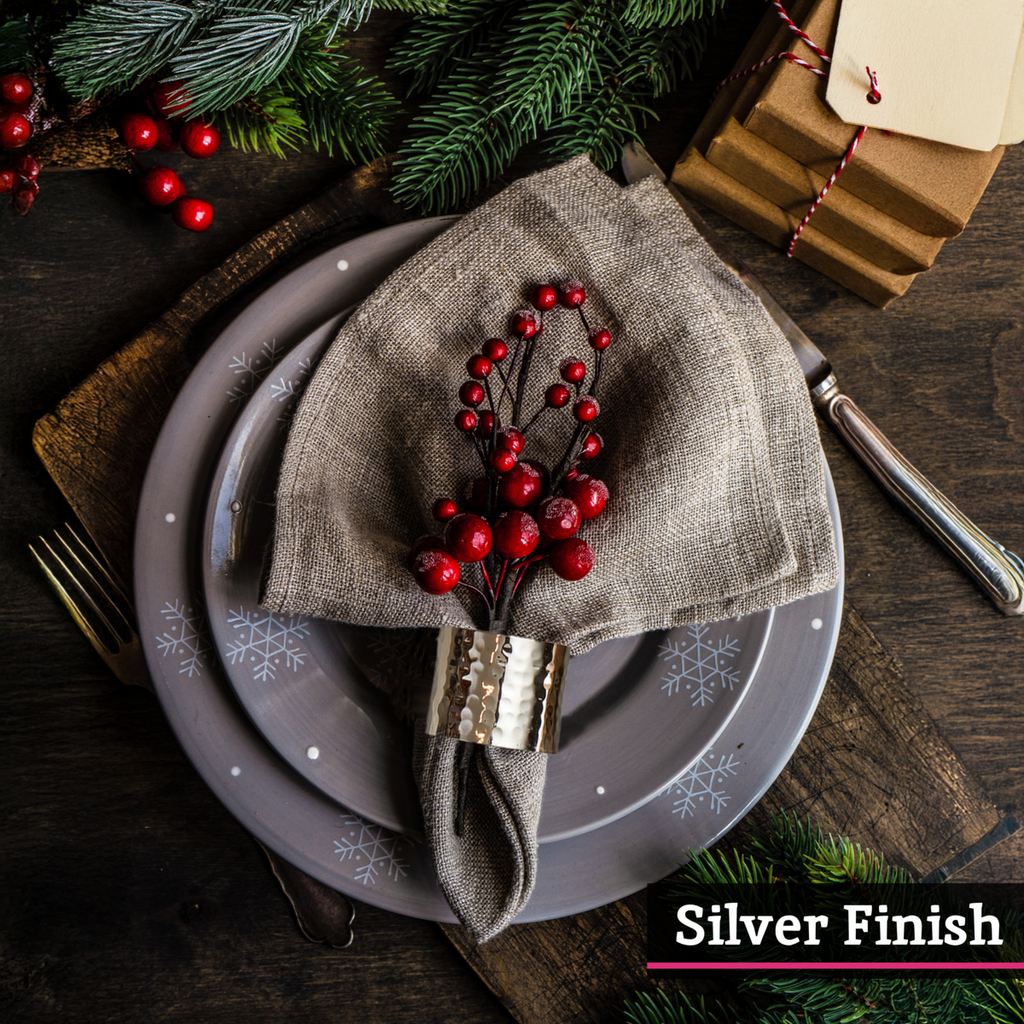 Orsina Silver Napkin Rings – Set of 4 Hammered Metal Table Decor