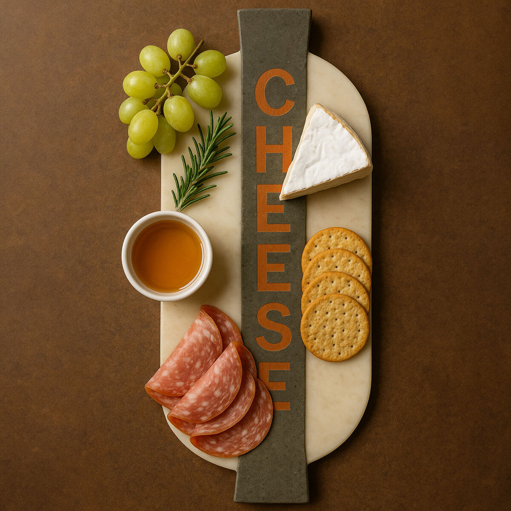 Orsina White and Grey Marble Cheeseboard with Copper Detail and Handles