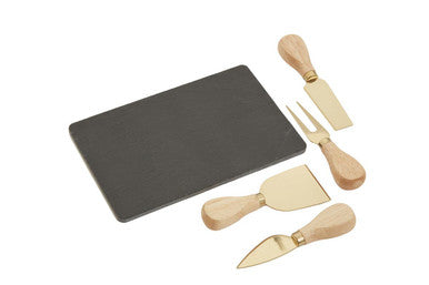 Orsina Carter Slate Cheese Board and 4-Piece Gold Knife Set