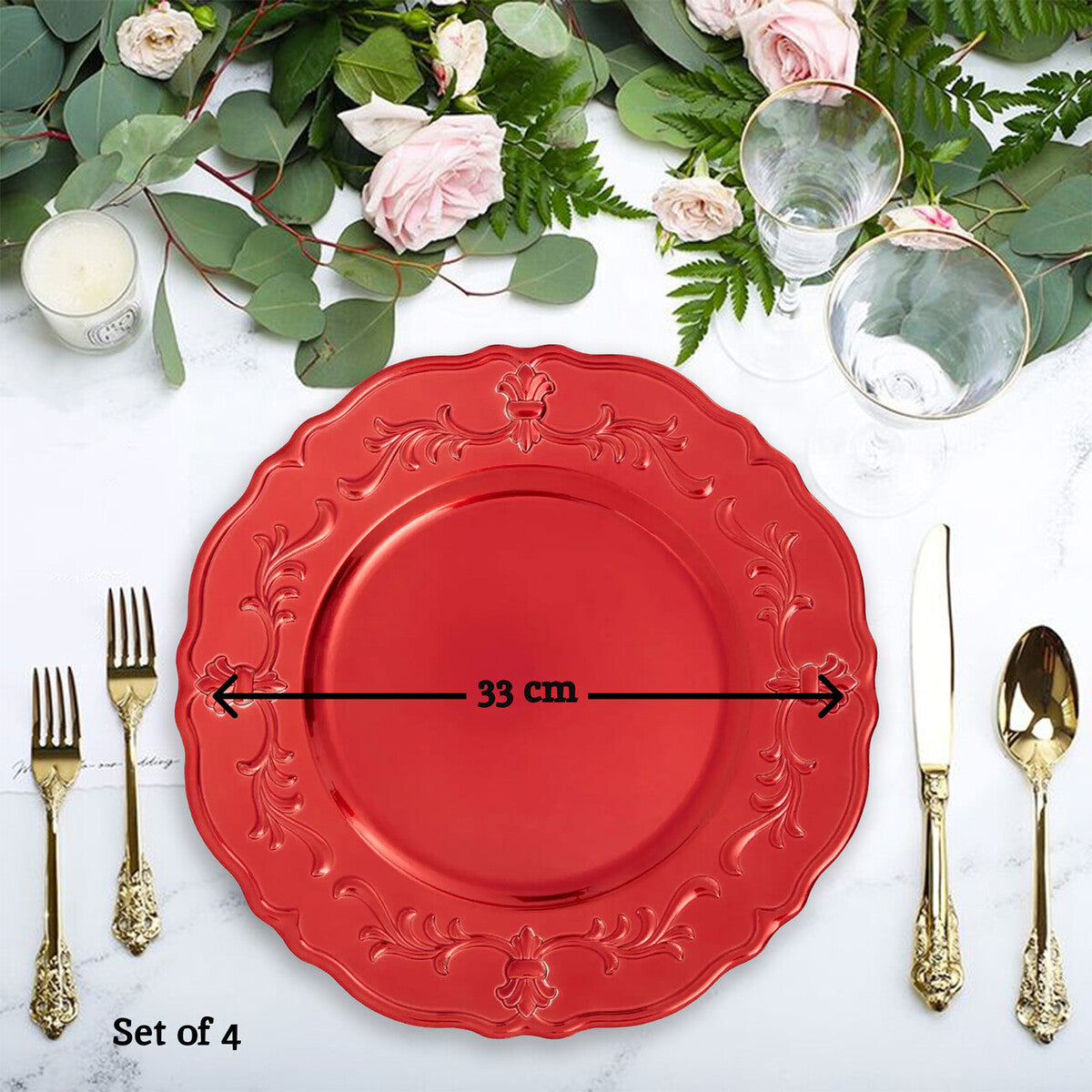 Orsina Dia Red Baroque Charger Plate – Scalloped Edge Dining Base