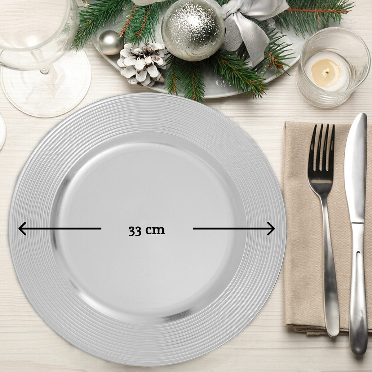 Orsina Dia Silver Ribbed Charger Plate – Round Metallic Table Setting