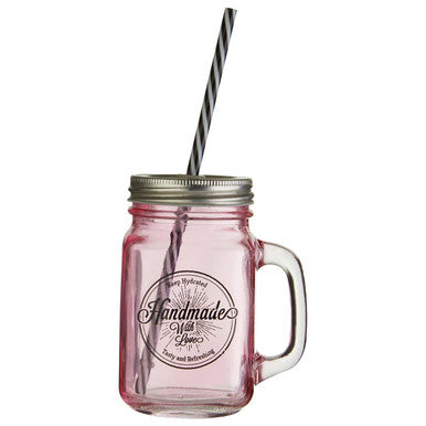 Orsina Pink Glass Square Mason Jar Mug with Handle and Screw Lid