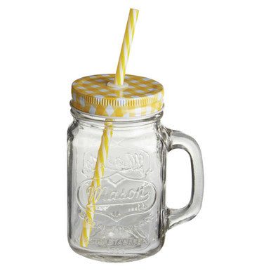 Orsina Mason Jar Mug – 16oz Square Glass Cup with Yellow Lid & Straw