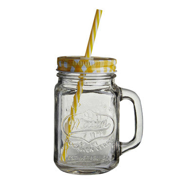 Orsina Mason Jar Mug – 16oz Square Glass Cup with Yellow Lid & Straw