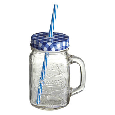 Orsina Mason Jar Mug with Handle, Blue Gingham Lid and Straw – 1pc