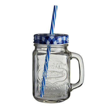 Orsina Mason Jar Mug with Handle, Blue Gingham Lid and Straw – 1pc