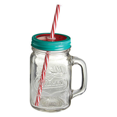 Orsina Mason Jar Mug with Watermelon Lid and Straw – Glass, 16oz