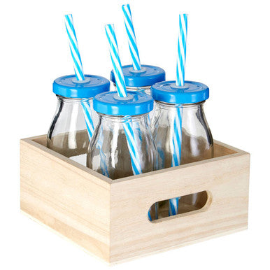 Orsina Glass Milk Bottles - Set of 4 with Blue Straws and Lids