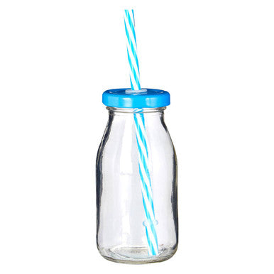 Orsina Glass Milk Bottles - Set of 4 with Blue Straws and Lids