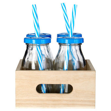 Orsina Glass Milk Bottles - Set of 4 with Blue Straws and Lids