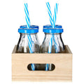 Orsina Glass Milk Bottles - Set of 4 with Blue Straws and Lids