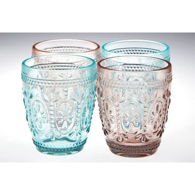Orsina Fleur Pink and Blue Glass Tumblers – Embossed Set of 4