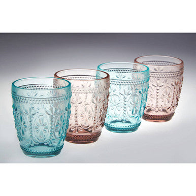 Orsina Fleur Pink and Blue Glass Tumblers – Embossed Set of 4