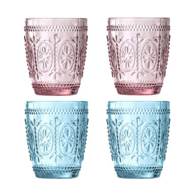 Orsina Fleur Pink and Blue Glass Tumblers – Embossed Set of 4