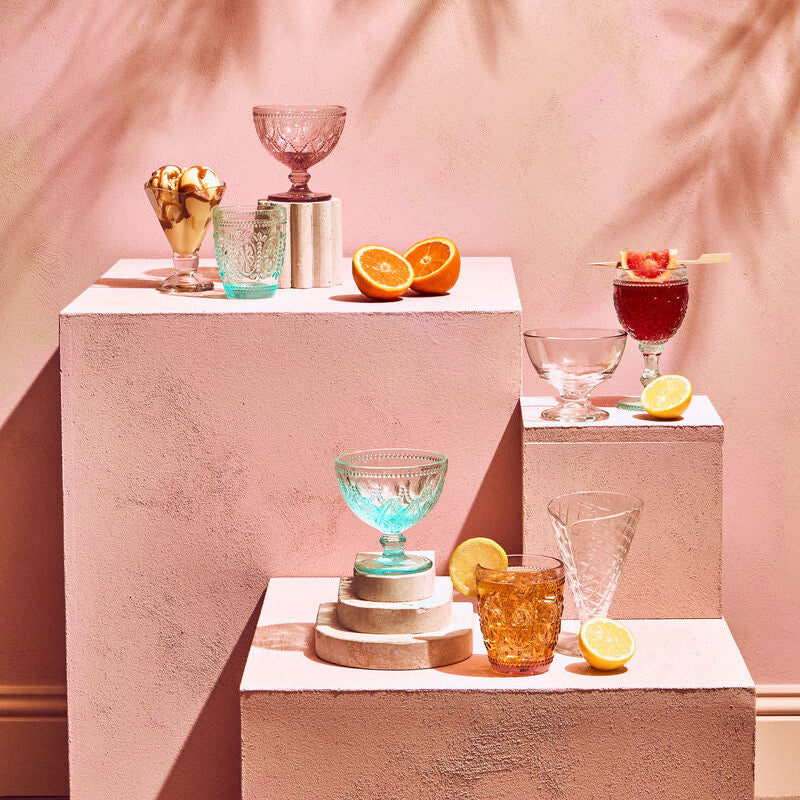 Orsina Fleur Pink and Blue Glass Tumblers – Embossed Set of 4