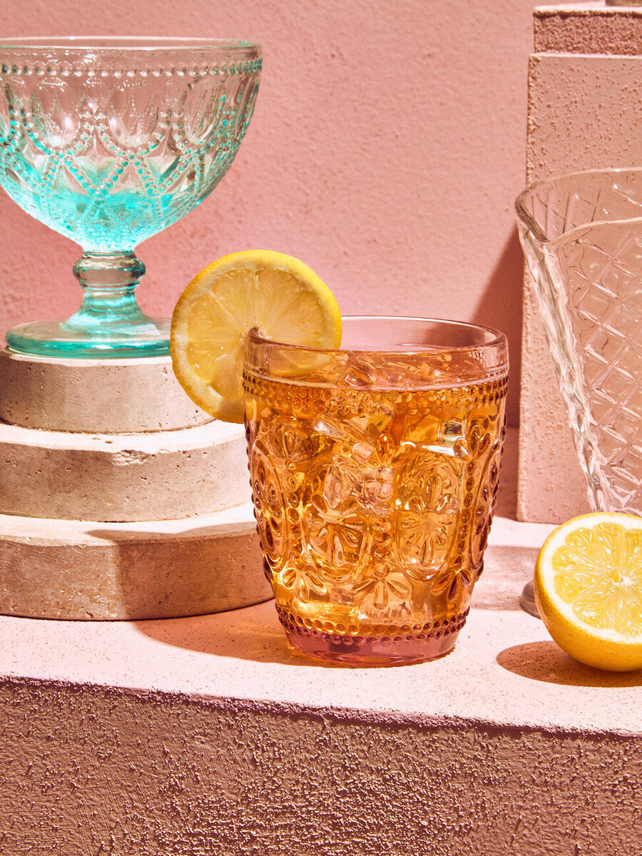 Orsina Fleur Pink and Blue Glass Tumblers – Embossed Set of 4