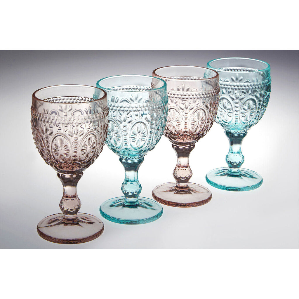 Orsina Fleur Pink and Blue Wine Glasses – Embossed Floral Set of 4