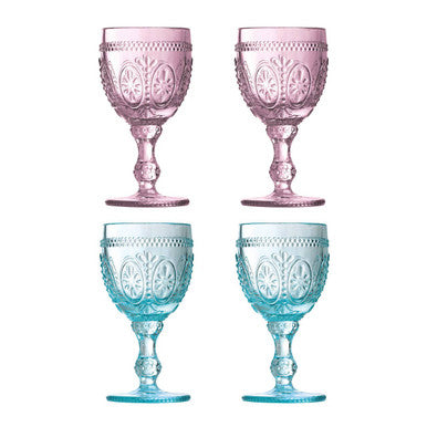 Orsina Fleur Pink and Blue Wine Glasses – Embossed Floral Set of 4