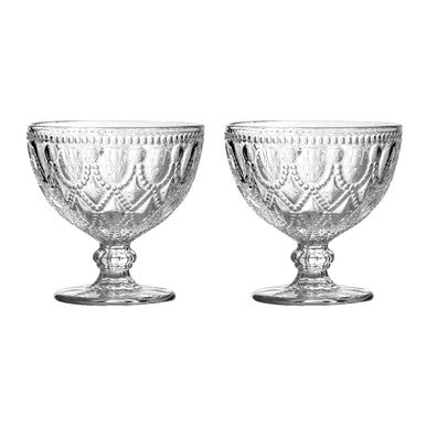 Orsina Clear Glass Sundae Dishes – Set of 2 Embossed Floral Dessert Bowls