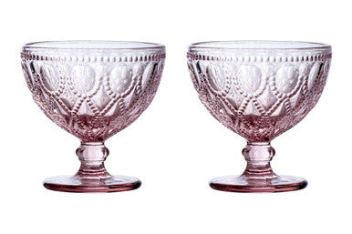 Orsina Fleur Pink Glass Sundae Dishes – Set of 2 Embossed Bowls