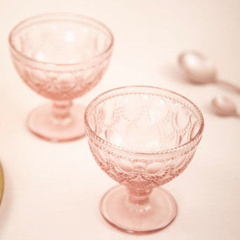 Orsina Fleur Pink Glass Sundae Dishes – Set of 2 Embossed Bowls