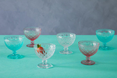 Orsina Fleur Pink Glass Sundae Dishes – Set of 2 Embossed Bowls
