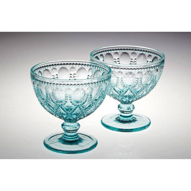 Orsina Fleur Blue Glass Sundae Dishes – Set of 2 Embossed Dessert Bowls