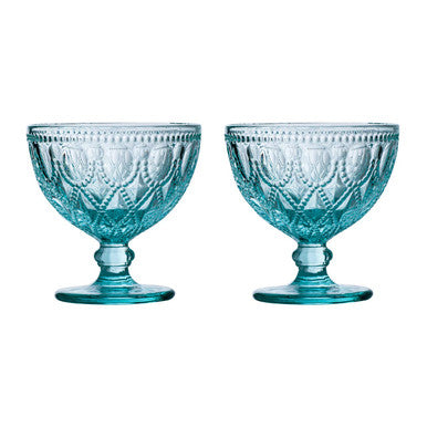 Orsina Fleur Blue Glass Sundae Dishes – Set of 2 Embossed Dessert Bowls