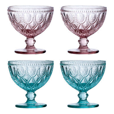 Orsina Fleur Blue Glass Sundae Dishes – Set of 2 Embossed Dessert Bowls