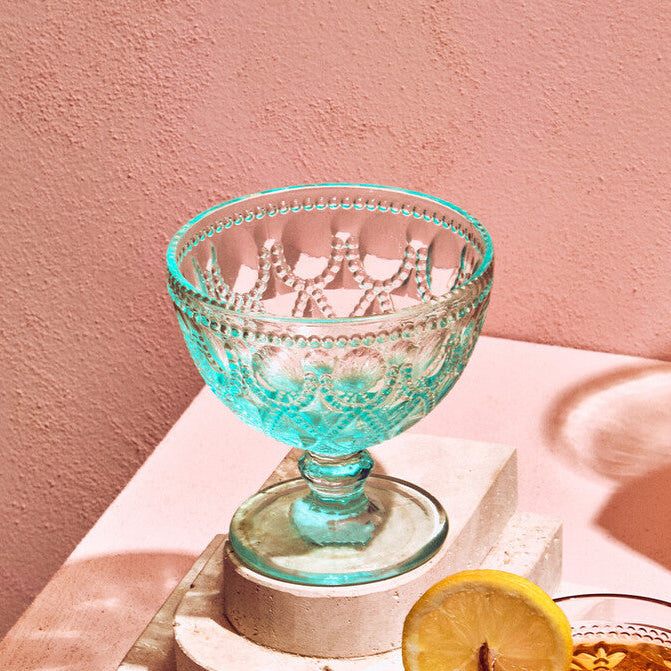 Orsina Fleur Blue Glass Sundae Dishes – Set of 2 Embossed Dessert Bowls