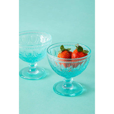 Orsina Fleur Blue Glass Sundae Dishes – Set of 2 Embossed Dessert Bowls