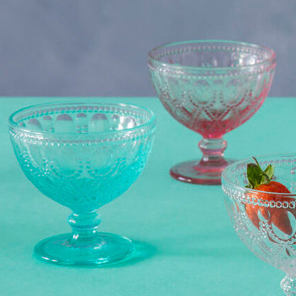 Orsina Fleur Blue Glass Sundae Dishes – Set of 2 Embossed Dessert Bowls