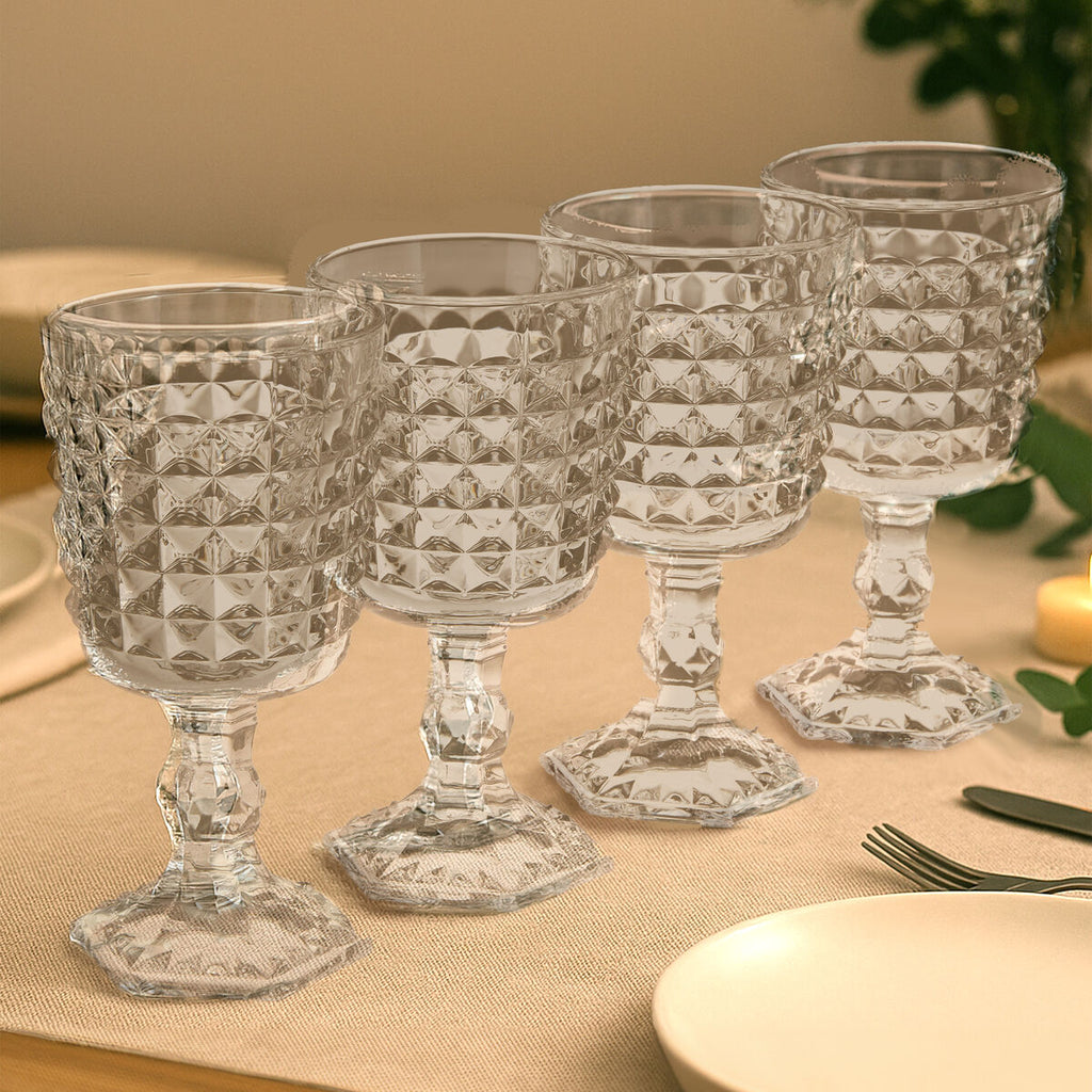 Orsina Pyramid Wine Goblets – Set of 4 Embossed Glass Stemware