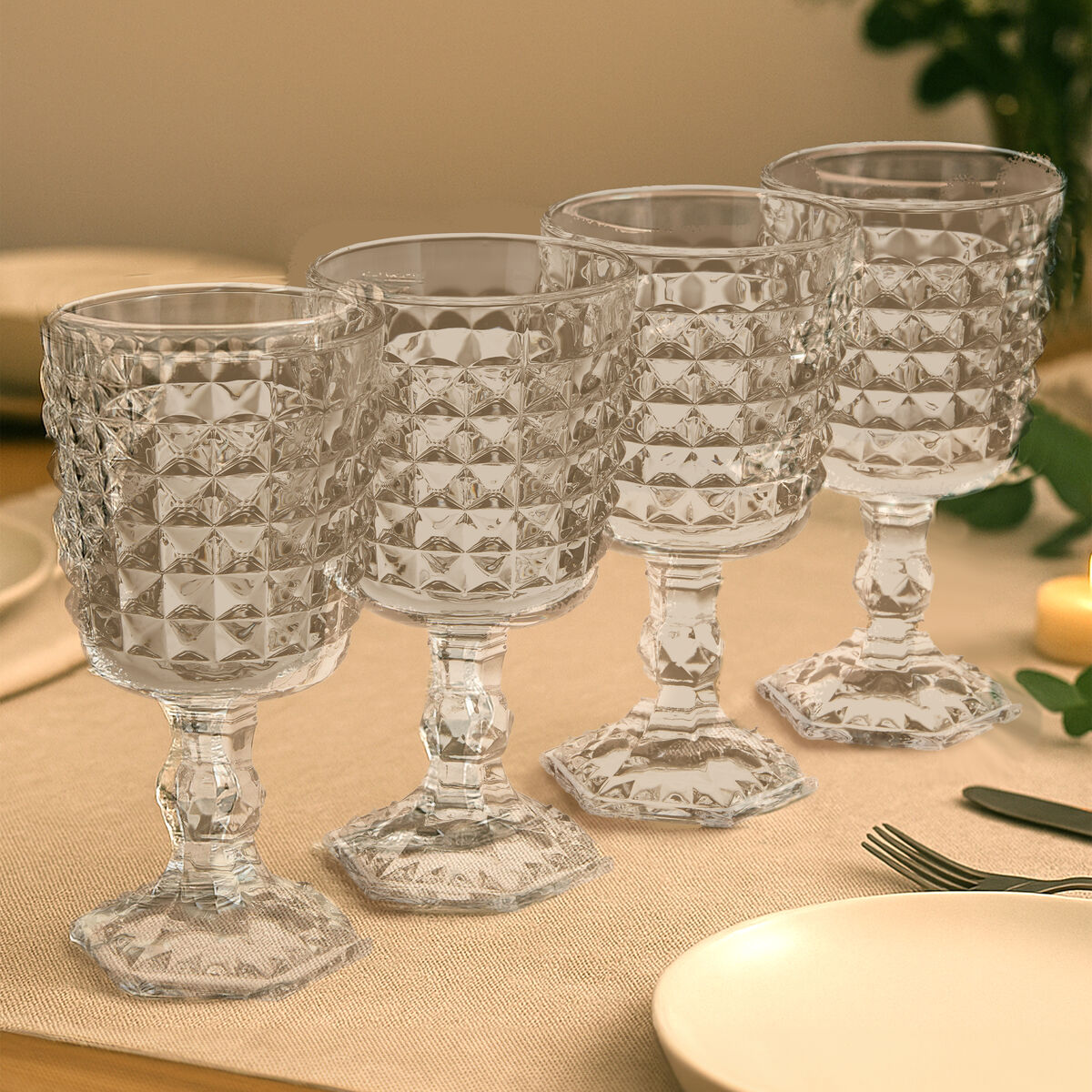 Orsina Pyramid Wine Goblets – Set of 4 Embossed Glass Stemware