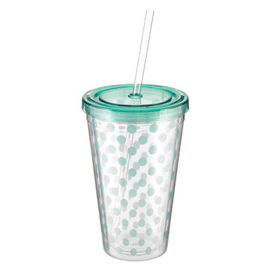 Orsina Polka Dot Double-Walled 450ml Drinks Cup with Straw – Green