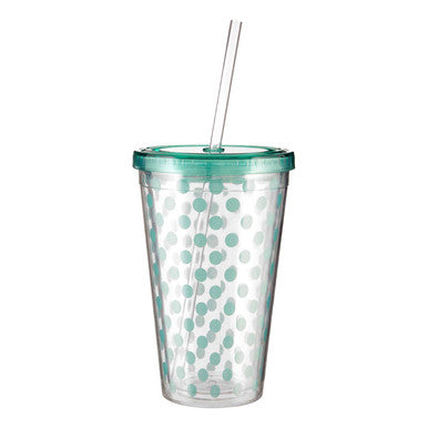 Orsina Polka Dot Double-Walled 450ml Drinks Cup with Straw – Green