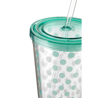 Orsina Polka Dot Double-Walled 450ml Drinks Cup with Straw – Green