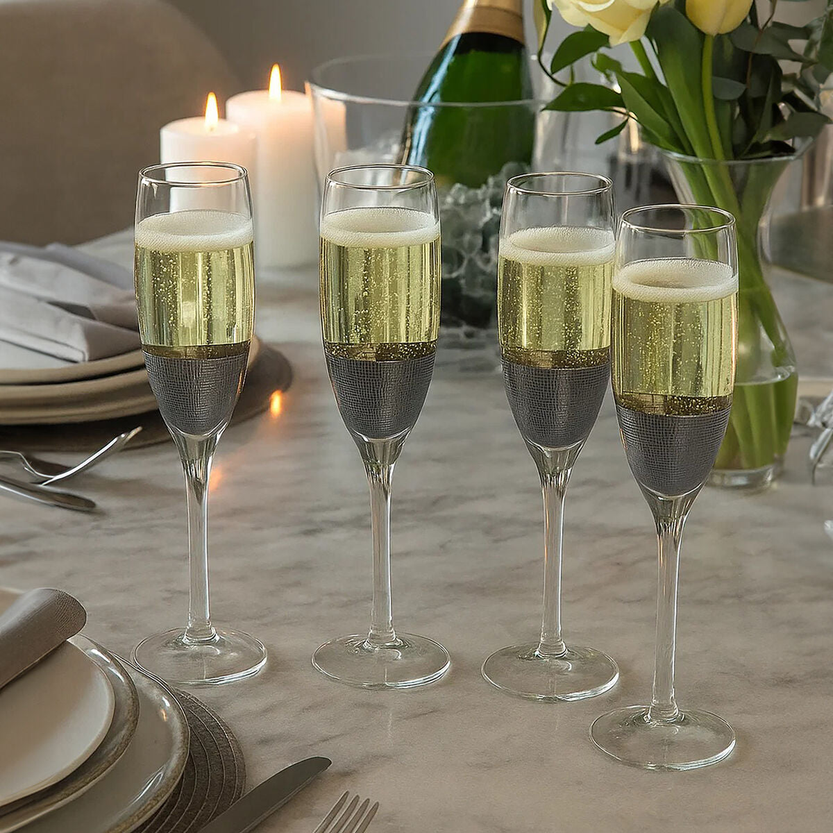 Orsina Apollo Champagne Flutes – Set of 4 Metallic Glassware, 210ml
