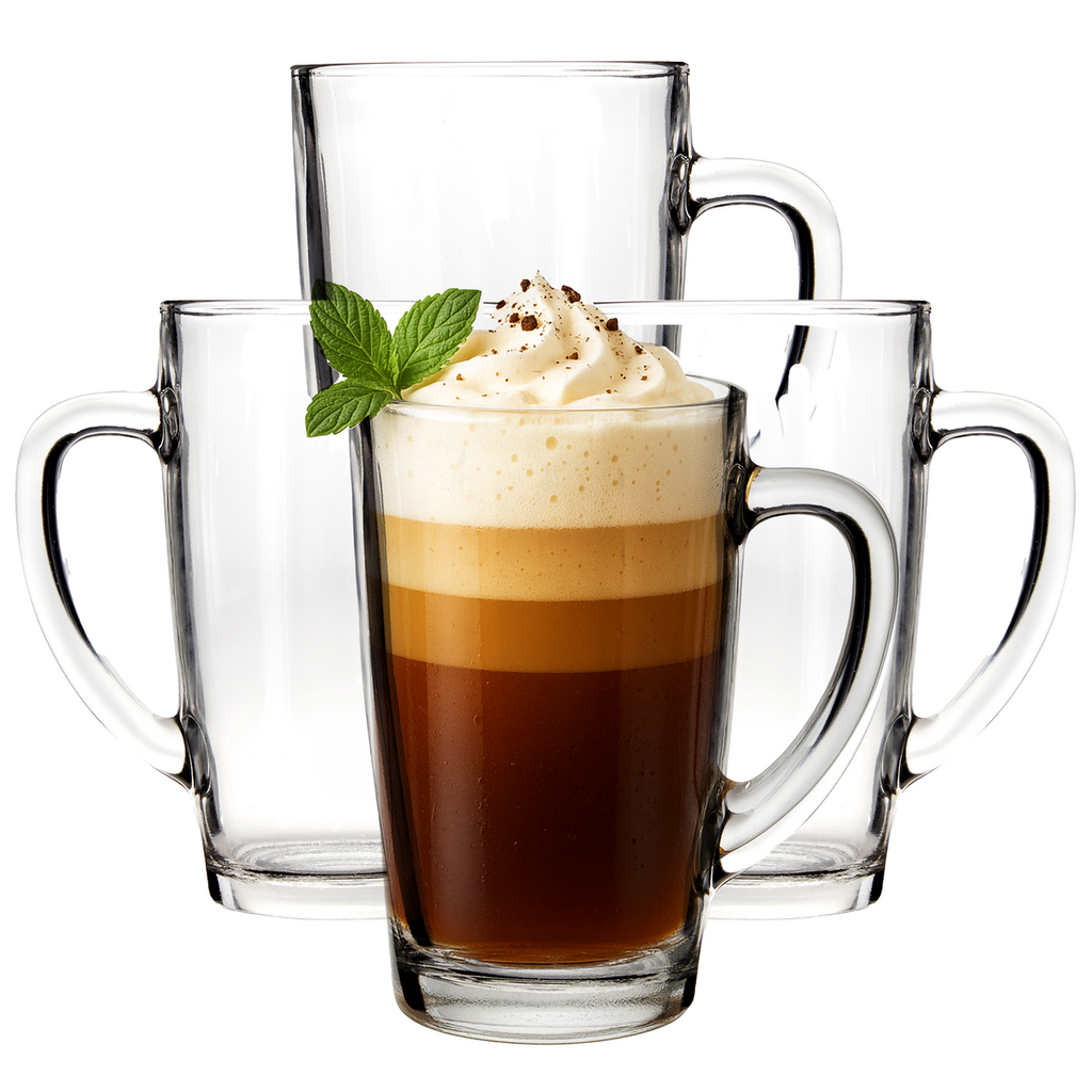 Orsina Clear Glass Mugs – Set of 4 Tall 400ml Coffee and Tea Cups