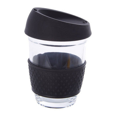 Orsina Glass Coffee Mug with Black Silicone Band and Slanted Lid